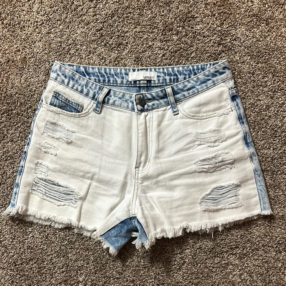 Blue and White Distressed Denim Shorts